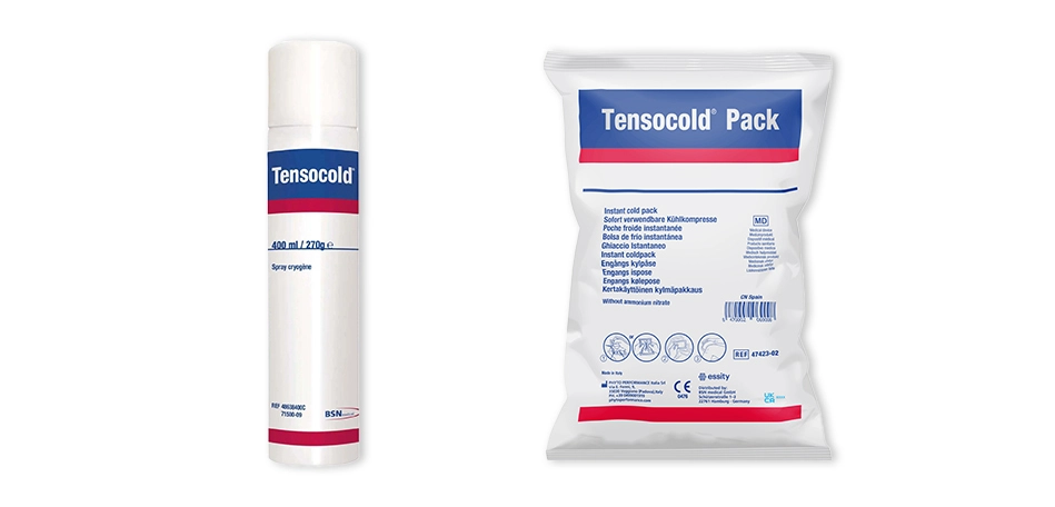 Produits Tensocold Pack et Spray, solutions de thérapie par le froid à usage unique pour soulager rapidement les douleurs sportives, tendinites et inflammations musculaires.